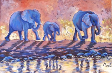 Pintura intitulada "Eléphants en famille" por Meryl, Obras de arte originais, Acrílico