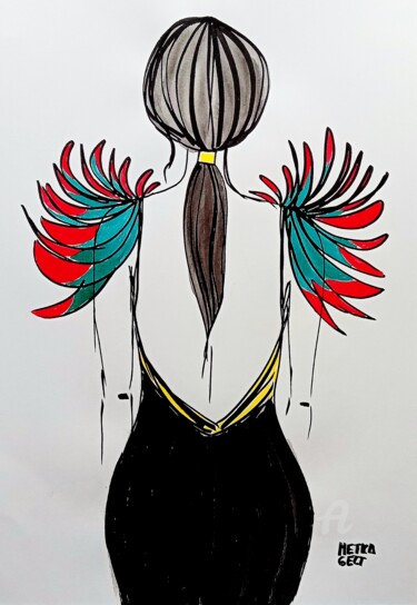 Tekening getiteld "Feathers" door Metka Gelt, Origineel Kunstwerk, Inkt