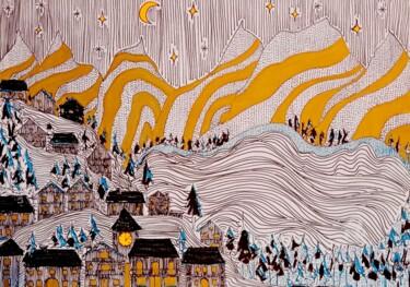 Drawing titled "Village in the Alps" by Metka Gelt, Original Artwork, Ink