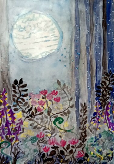 绘画 标题为“Forest at night” 由Metka Gelt, 原创艺术品, 水彩