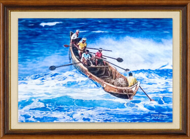 Painting titled "Battling Rough Seas" by Mewan Fonseka, Original Artwork, Watercolor Mounted on Glass