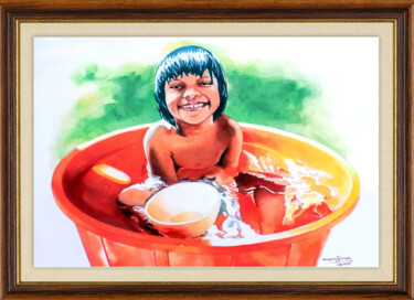 Painting titled "Simple Joys" by Mewan Fonseka, Original Artwork, Watercolor Mounted on Glass
