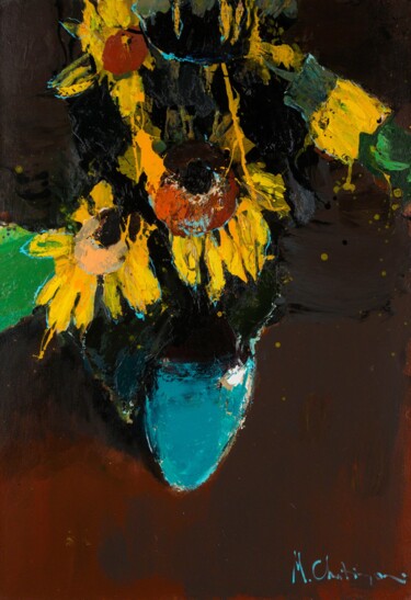 Картина под названием "Sunflowers in a Vase" - Mher Chatinyan, Подлинное произведение искусства, Масло