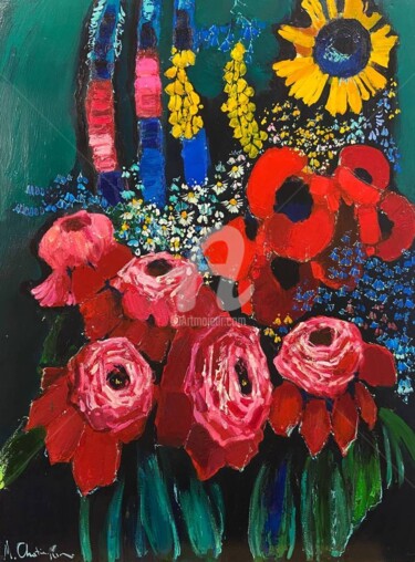 "Flowers on Green" başlıklı Tablo Mher Chatinyan tarafından, Orijinal sanat, Petrol