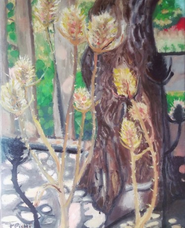 Painting titled "Flor de cardo" by Mauro Recchi, Original Artwork, Oil Mounted on Wood Stretcher frame