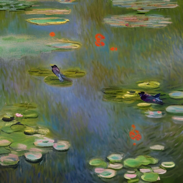 제목이 "Birds on Lotus Pond"인 미술작품 Michael Cheung로, 원작, 아크릴 나무 들것 프레임에 장착됨