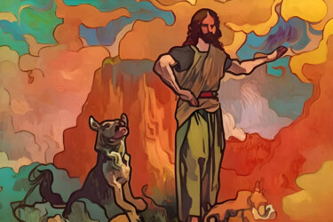 Картина под названием "Jesus and Dog" - Michael Cheung, Подлинное произведение искусства, Акрил Установлен на Деревянная рам…