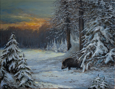 제목이 "December sunset"인 미술작품 Michael Nowakowski로, 원작, 기름 나무 들것 프레임에 장착됨