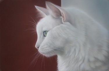 Peinture intitulée "Mac, le Chat Blanc…" par Christian Michaut, Œuvre d'art originale, Huile