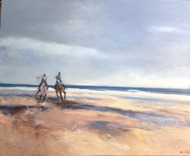 Painting titled "galop sur la plage" by Michel Colin, Original Artwork, Oil Mounted on Wood Stretcher frame