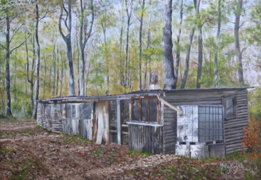 Painting titled "La cabane du bois b…" by Michel De Ruyck, Original Artwork, Oil Mounted on Other rigid panel