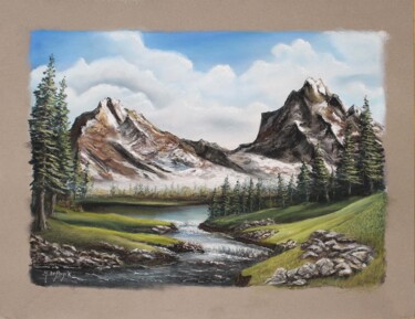 Pintura intitulada "Montagne et rivière" por Michel De Ruyck, Obras de arte originais, Pastel Montado em Painel de madeira