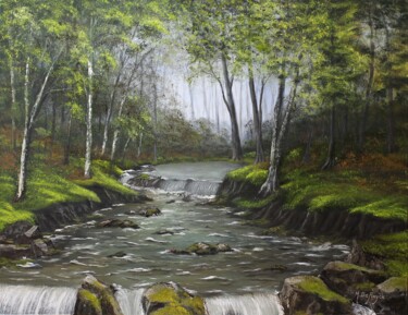 Painting titled "torrent en forêt" by Michel De Ruyck, Original Artwork, Oil Mounted on Cardboard