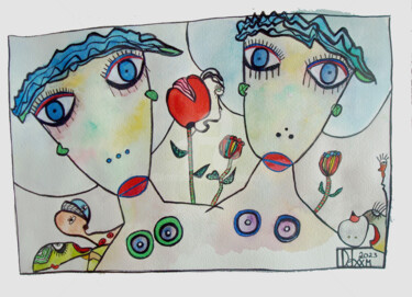 Schilderij getiteld "Femmes Fleur" door Michel Delvingt, Origineel Kunstwerk, Aquarel