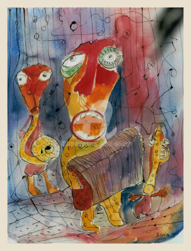 Malerei mit dem Titel "L'accordéoniste" von Michel Delvingt, Original-Kunstwerk, Aquarell