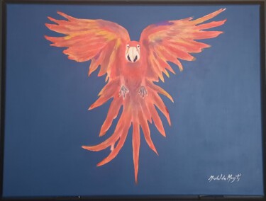 Schilderij getiteld "Ara flight" door Michel Des Mazots, Origineel Kunstwerk, Acryl Gemonteerd op Frame voor houten brancard