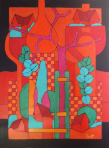 Painting titled "Les maisons rouges" by Michel Marant, Original Artwork, Acrylic Mounted on Wood Stretcher frame