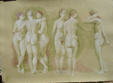 Disegno intitolato "LES TROIS GRACES ET…" da Michel Moskovtchenko, Opera d'arte originale, Matite colorate