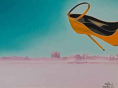 Peinture intitulée "soulier vole" par Michel Pezeril, Œuvre d'art originale, Huile Monté sur Châssis en bois