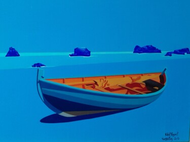 绘画 标题为“barque bleue” 由Michel Pezeril, 原创艺术品, 油 安装在木质担架架上