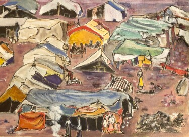 Painting titled "Alwar Slum" by Michel Testard, Original Artwork, Acrylic Mounted on Wood Panel