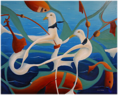Painting titled "peche aux goelans" by Michel Thomas, Original Artwork, Oil Mounted on Wood Panel