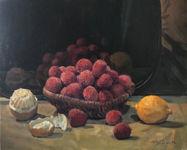Painting titled "Litchis et citrons" by Mth, Original Artwork, Oil Mounted on Wood Stretcher frame