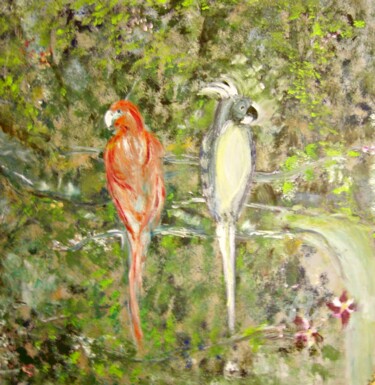 Painting titled "Brazilian Parrots" by Michela Curtis, Original Artwork, Oil Mounted on Other rigid panel