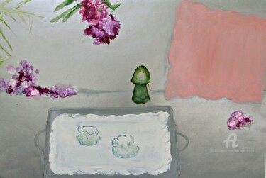 Painting titled "Cafe Au Lait Au Lit" by Michela Curtis, Original Artwork, Oil Mounted on Other rigid panel