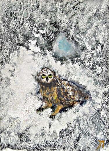 Картина под названием "Owl On A Snowy Afte…" - Michela Curtis, Подлинное произведение искусства, Акрил Установлен на Другая…