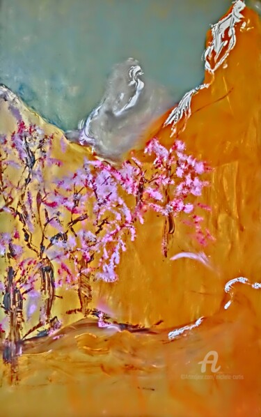 Painting titled "The Cherry Blossoms" by Michela Curtis, Original Artwork, Acrylic Mounted on Other rigid panel