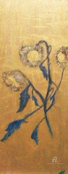 Malarstwo zatytułowany „Sunflowers On Wood” autorstwa Michela Curtis, Oryginalna praca, Olej Zamontowany na Inny sztywny pan…