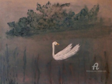 Painting titled "Swan In The Water" by Michela Curtis, Original Artwork, Oil