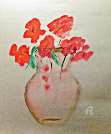 Schilderij getiteld "Les Fleurs Rouges" door Michela Curtis, Origineel Kunstwerk, Olie