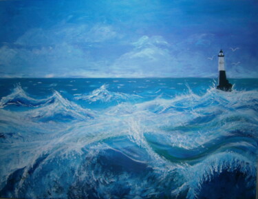 Pintura intitulada "Mer agitée au phare" por Michela Poulin, Obras de arte originais, Acrílico Montado em Painel de madeira