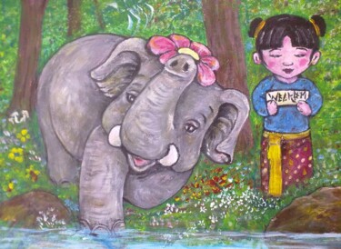 Peinture intitulée "L'éléphant et la pe…" par Michèle Baylet-Brunet, Œuvre d'art originale, Acrylique