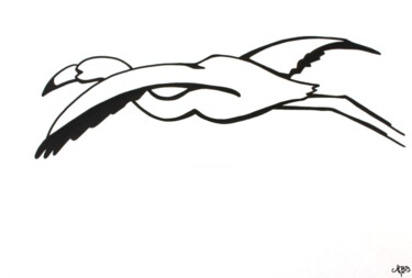 Drawing titled "Vol de flamant rose" by Michèle Baylet-Brunet, Original Artwork, Ink