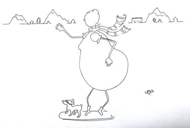 Rysunek zatytułowany „Brindille en snowbo…” autorstwa Michèle Baylet-Brunet, Oryginalna praca, Atrament
