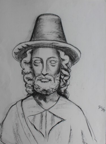 Drawing titled "Buste homme au chap…" by Michèle Baylet-Brunet, Original Artwork, Charcoal