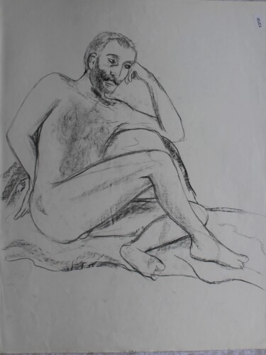 「Jeune homme barbu」というタイトルの描画 Michèle Baylet-Brunetによって, オリジナルのアートワーク, 木炭
