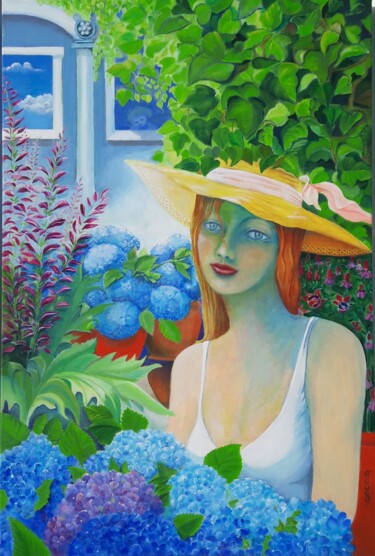 Painting titled "La Dame au patio" by Michele Coca, Original Artwork, Oil Mounted on Wood Stretcher frame