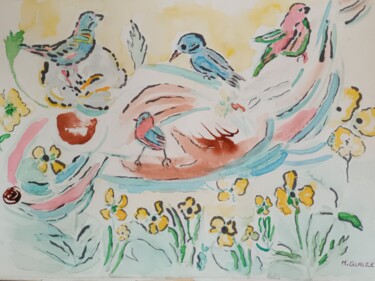 Peinture intitulée "Famille d'oiseaux" par Michele Glaize, Œuvre d'art originale, Encre