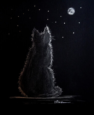 Malerei mit dem Titel "Chat noir de lune" von Michèle Pincemin, Original-Kunstwerk, Aquarell