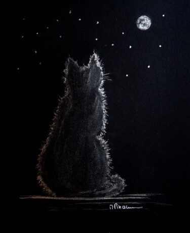 Peinture intitulée "Chat noir de lune" par Michèle Pincemin, Œuvre d'art originale, Aquarelle