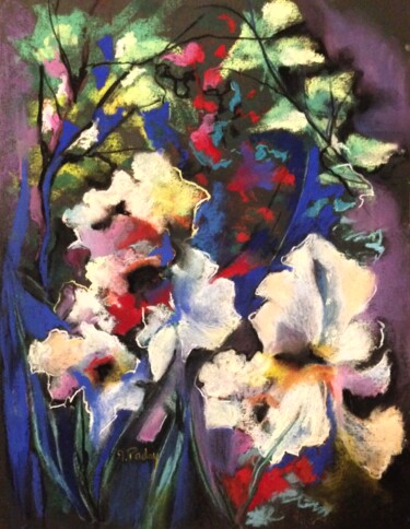 Painting titled "Iris de jardin" by Michèle Padoy, Original Artwork, Pastel Mounted on Glass