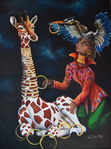 Ζωγραφική με τίτλο "Girafe.jpg" από Michele Sevilla, Αυθεντικά έργα τέχνης, Λάδι Τοποθετήθηκε στο Ξύλινο φορείο σκελετό