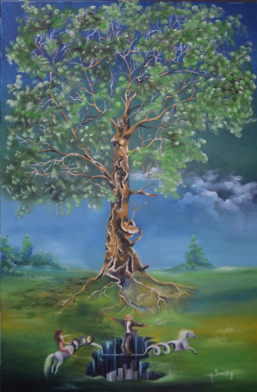 Painting titled "L'arbre" by Michele Sevilla, Original Artwork, Oil Mounted on Wood Stretcher frame