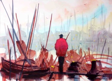 Peinture intitulée "'Le port'" par Michel Estival, Œuvre d'art originale, Aquarelle