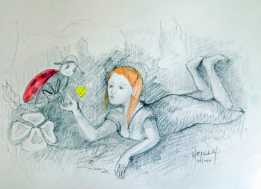 Dessin intitulée "Une Korriganeet un…" par Michel Hamelin, Œuvre d'art originale, Crayon