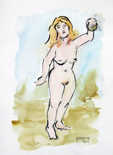 Painting titled "Pétanque au Cap d'A…" by Michel Hamelin, Original Artwork, Watercolor